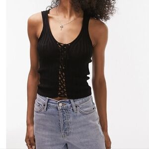 NWT Topshop Corset Tie Front Knit Singlet Tank in Black Viscose, Sz XS